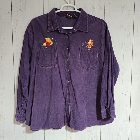 Pooh Tops - Disney Pooh Tiger Woman Purple Corduroy Button Up Shirt Sz‎ 26W/28w Vintage Y2K